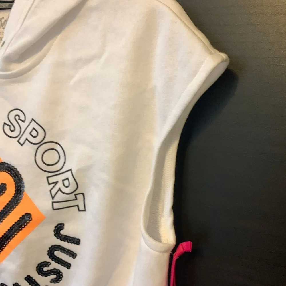 Justice Sport Girls White Short Sleeve Pullover Graphic Hoodie - NWOT